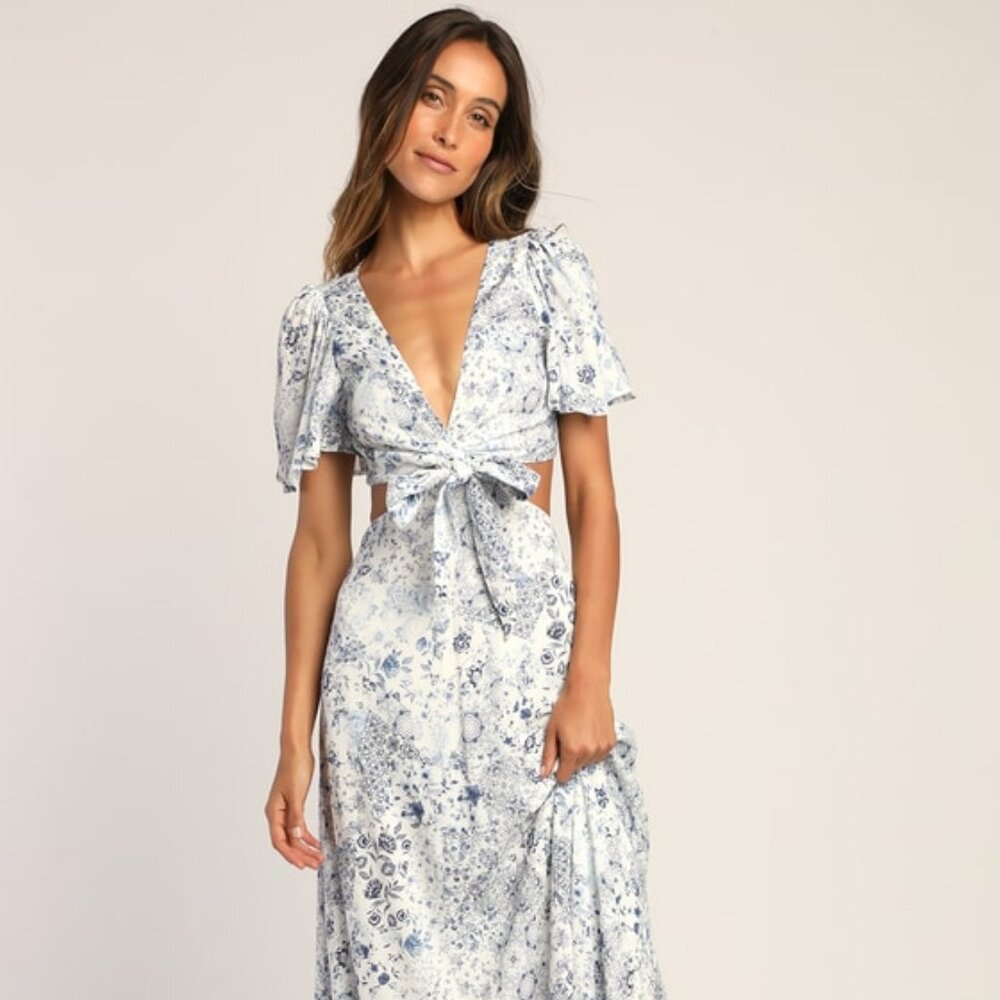 Lulus Stroll The Avenues White Floral Print Tie-front Maxi Dress - Size S